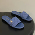 CC 26s Flat Sandals Dark Blue Canvas Sheepskin Double C 649505