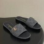 CC 26s Flat Sandals Black Canvas Sheepskin Double C 649508