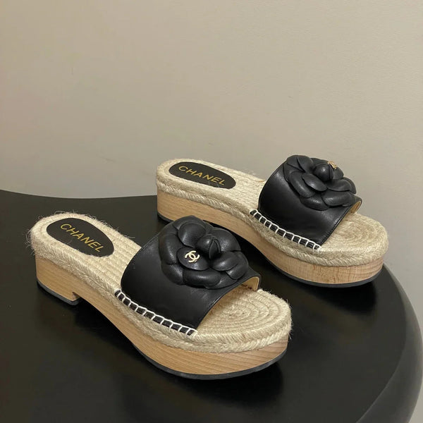CC 26s Camellia Slippers Beige Black Rope Smooth Leather 649402