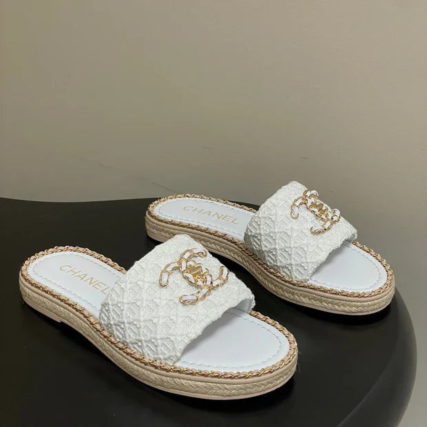 CC 26s Flat Slippers White Gold Fabric Sheepskin 649486