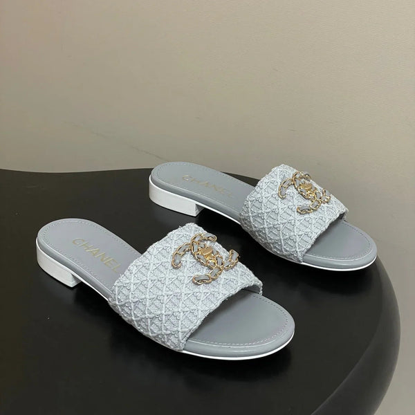 CC 26s Flat Slippers Gray Fabric Sheepskin 649489