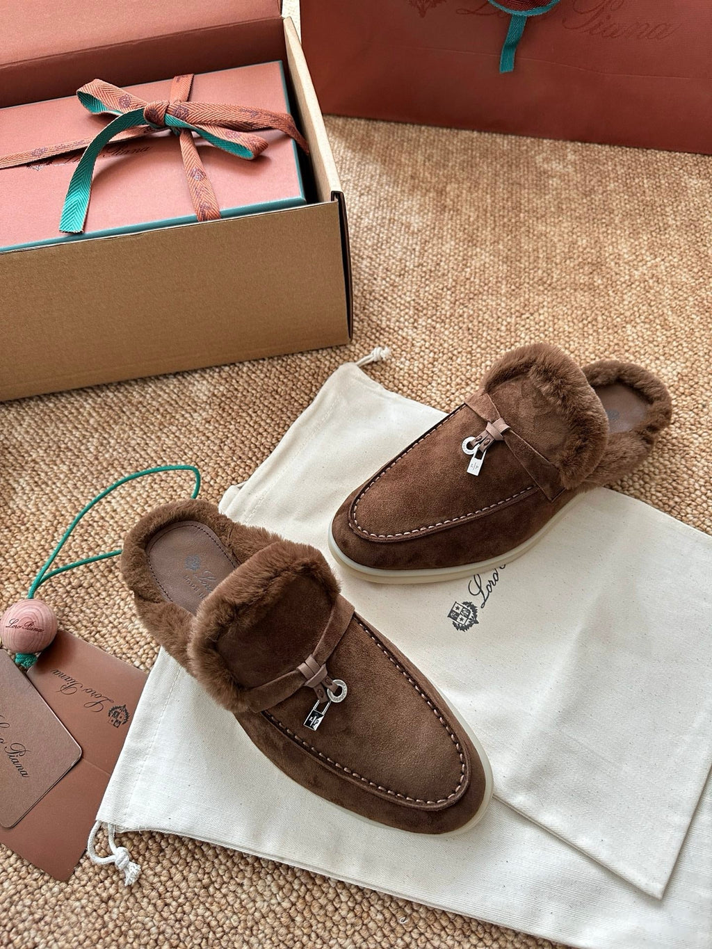 Loro Piana Charms Walk Flat Mules Chocolate Suede Fur 623529