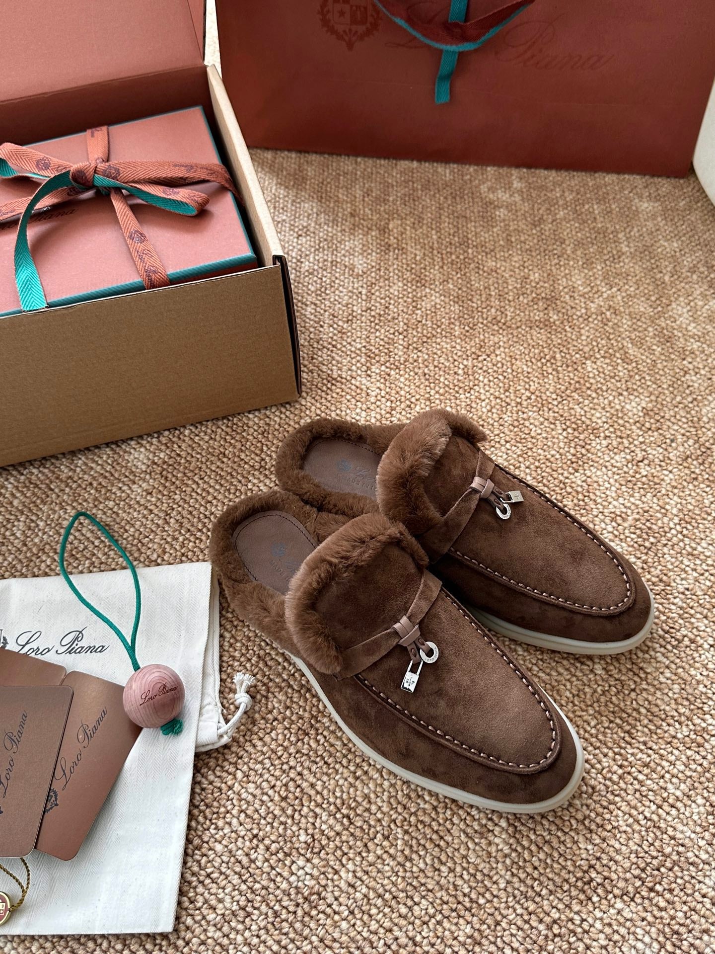 Loro Piana Charms Walk Flat Mules Chocolate Suede Fur 623529