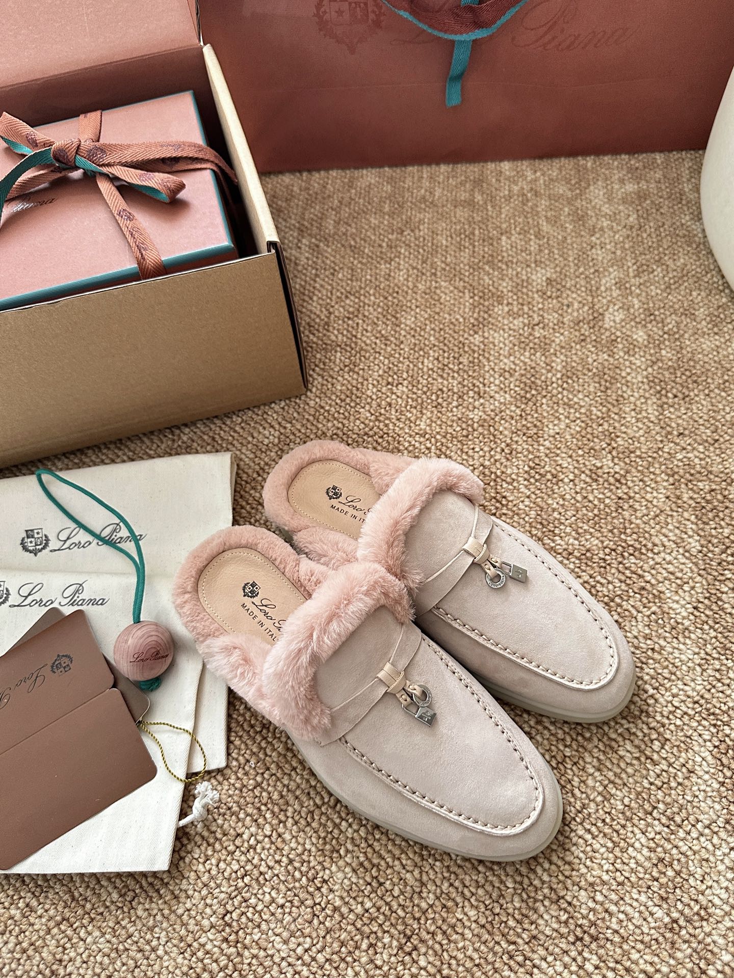 Loro Piana Charms Walk Flat Mules Light Pink Suede Fur 623533