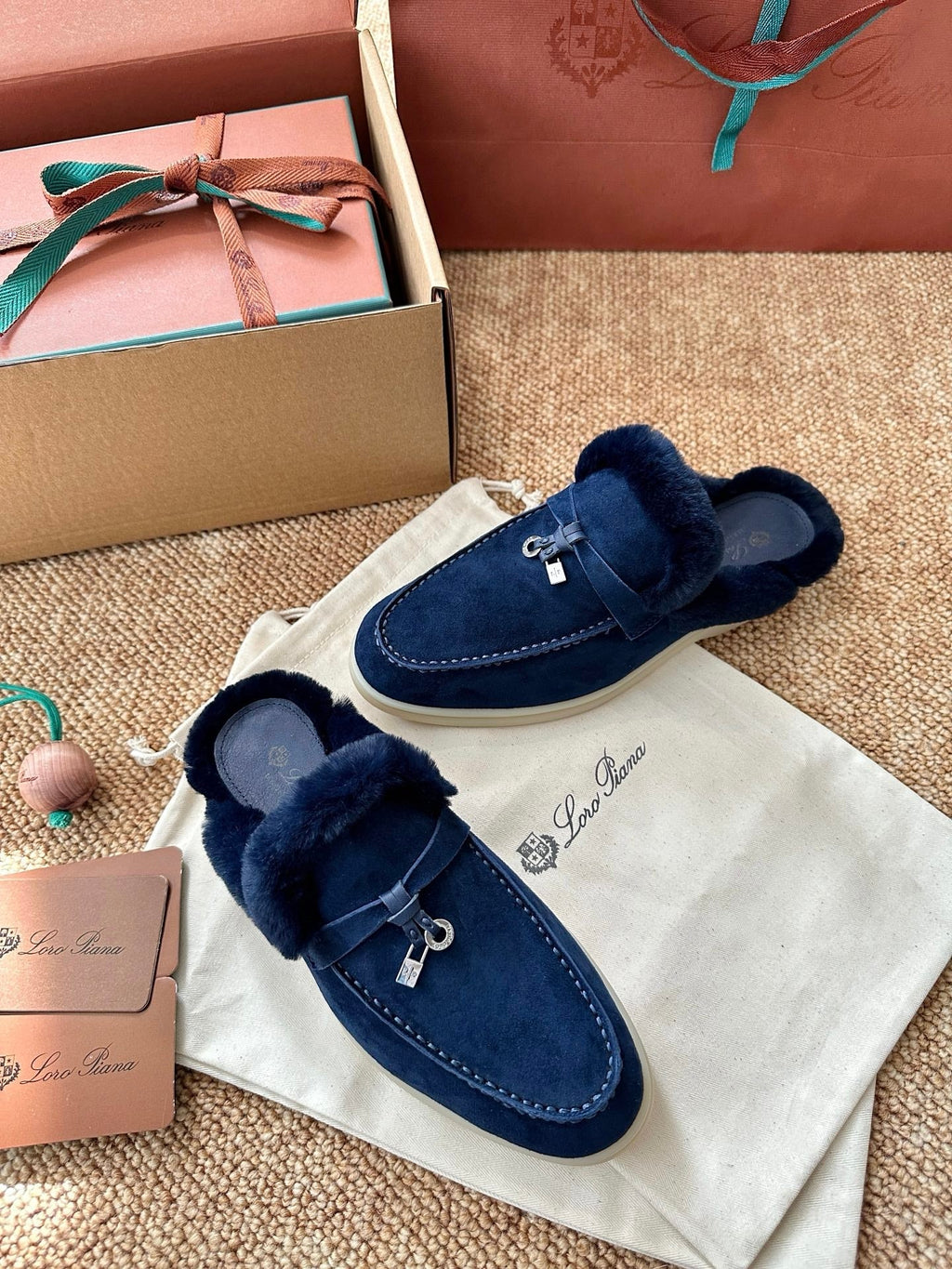 Loro Piana Charms Walk Flat Mules Dark Blue Suede Fur 623532