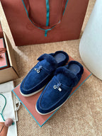 Loro Piana Charms Walk Flat Mules Dark Blue Suede Fur 623532