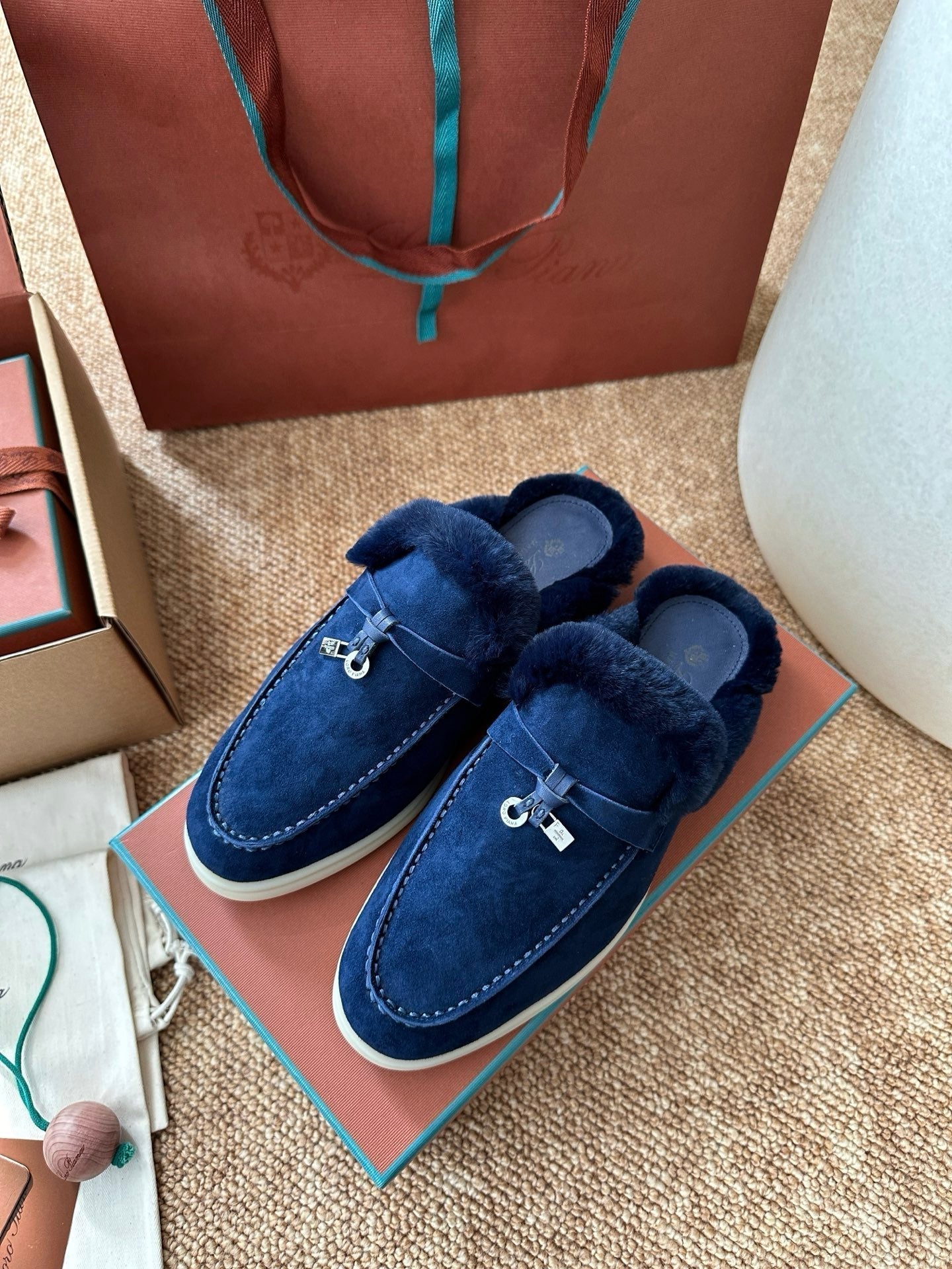 Loro Piana Charms Walk Flat Mules Dark Blue Suede Fur 623532