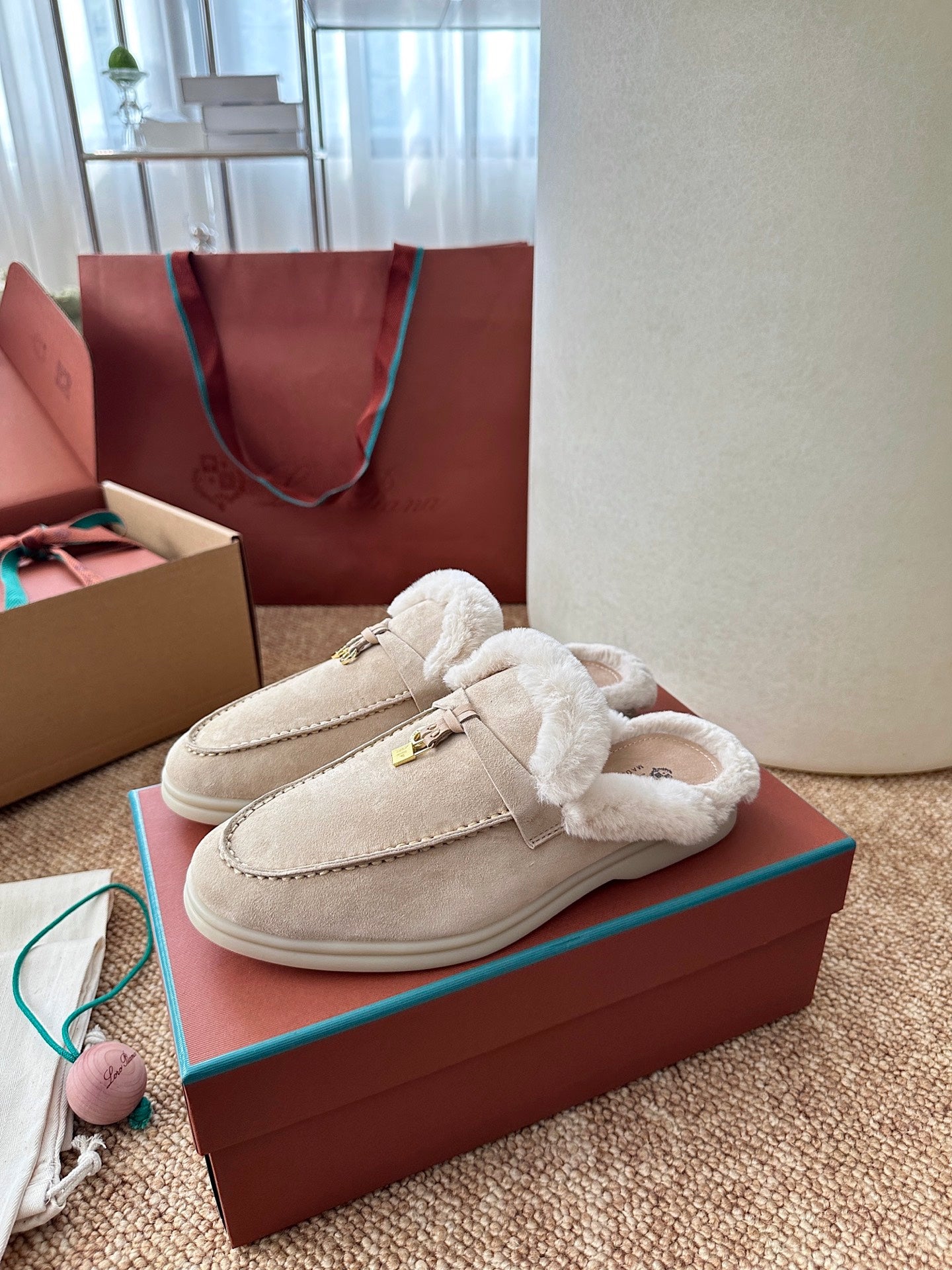 Loro Piana Charms Walk Flat Mules Apricot Suede Fur 623530