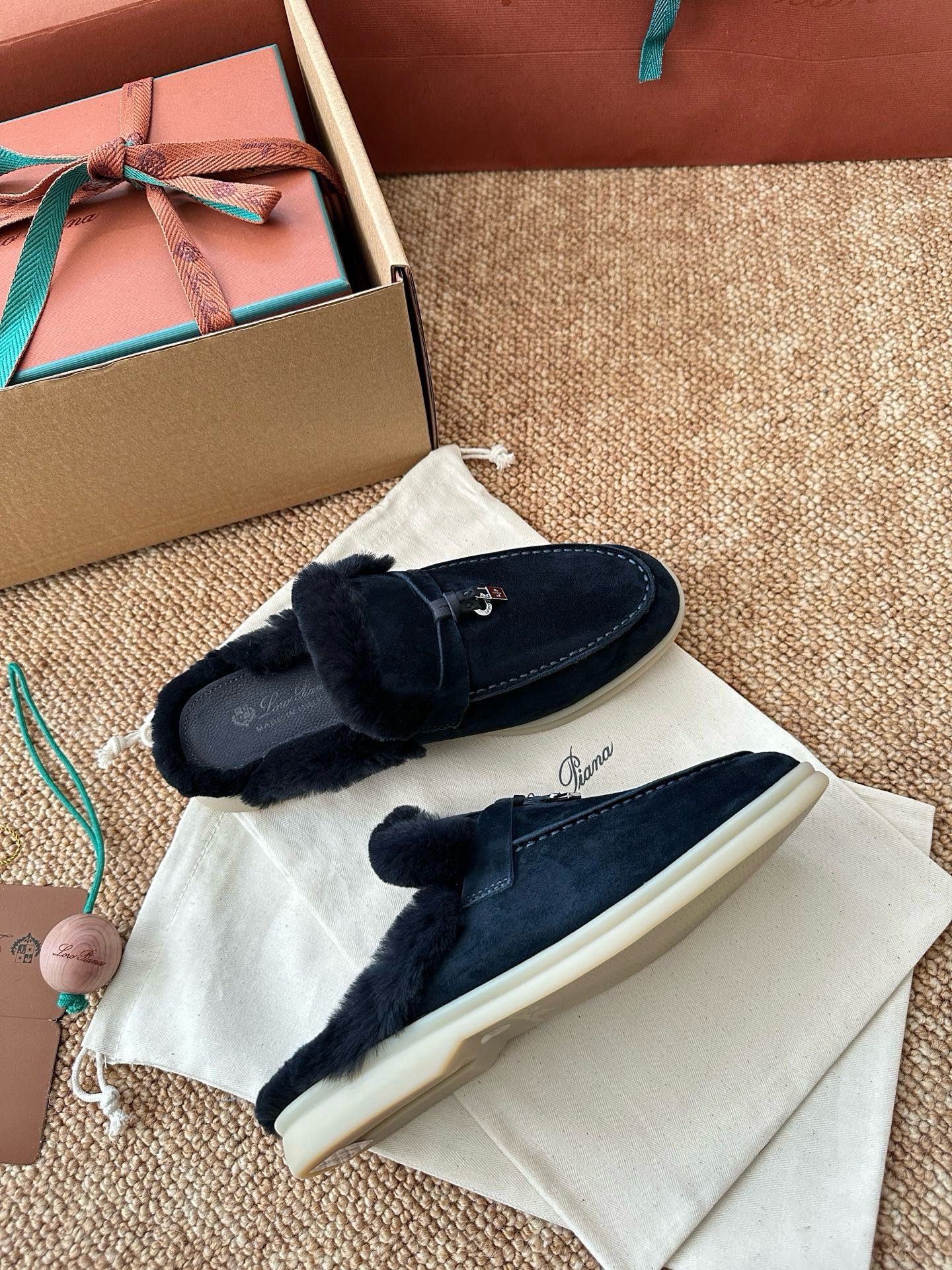 Loro Piana Charms Walk Flat Mules Deep Blue Suede Fur 623535