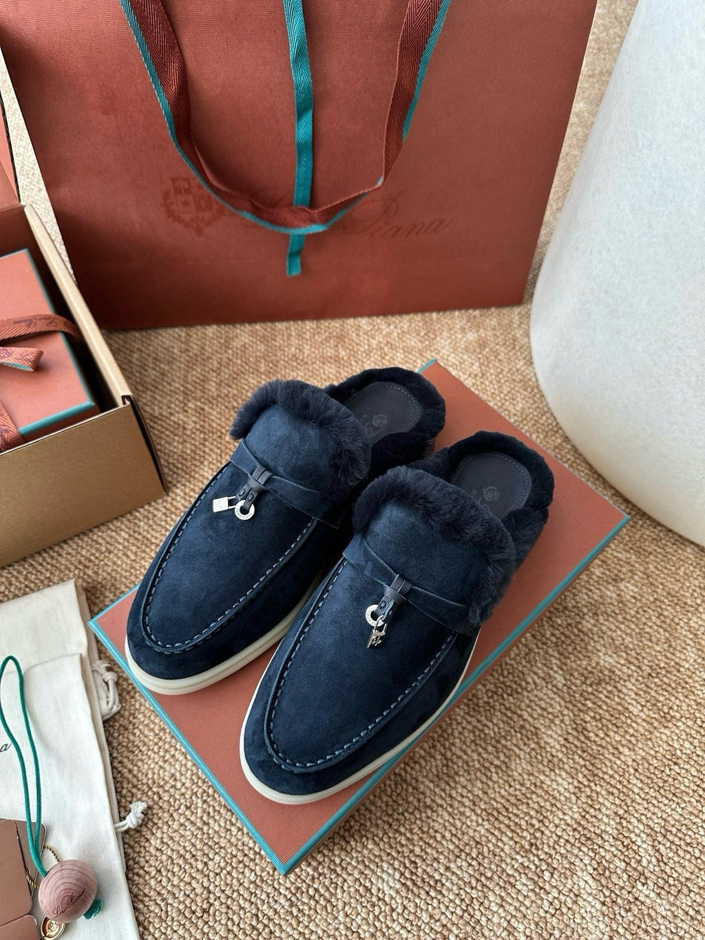 Loro Piana Charms Walk Flat Mules Deep Blue Suede Fur 623535
