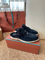 Loro Piana Charms Walk Flat Mules Deep Blue Suede Fur 623535
