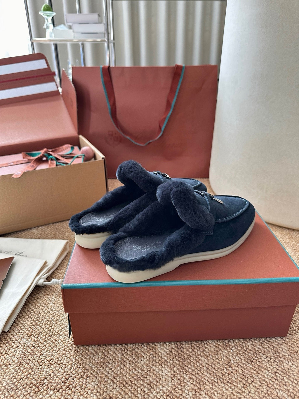 Loro Piana Charms Walk Flat Mules Deep Blue Suede Fur 623535