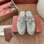 Loro Piana Charms Walk Flat Mules Targan Green Suede 623545