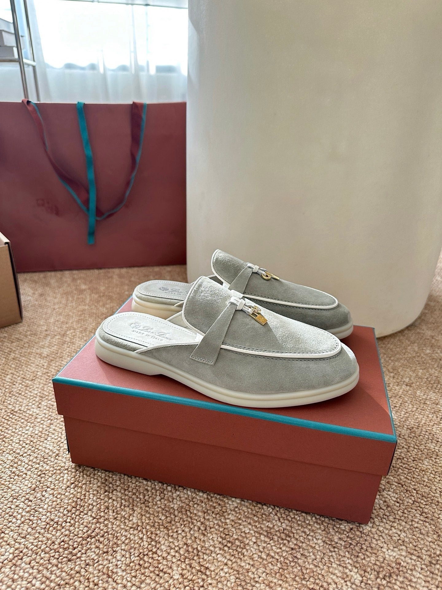 Loro Piana Charms Walk Flat Mules Targan Green Suede 623545