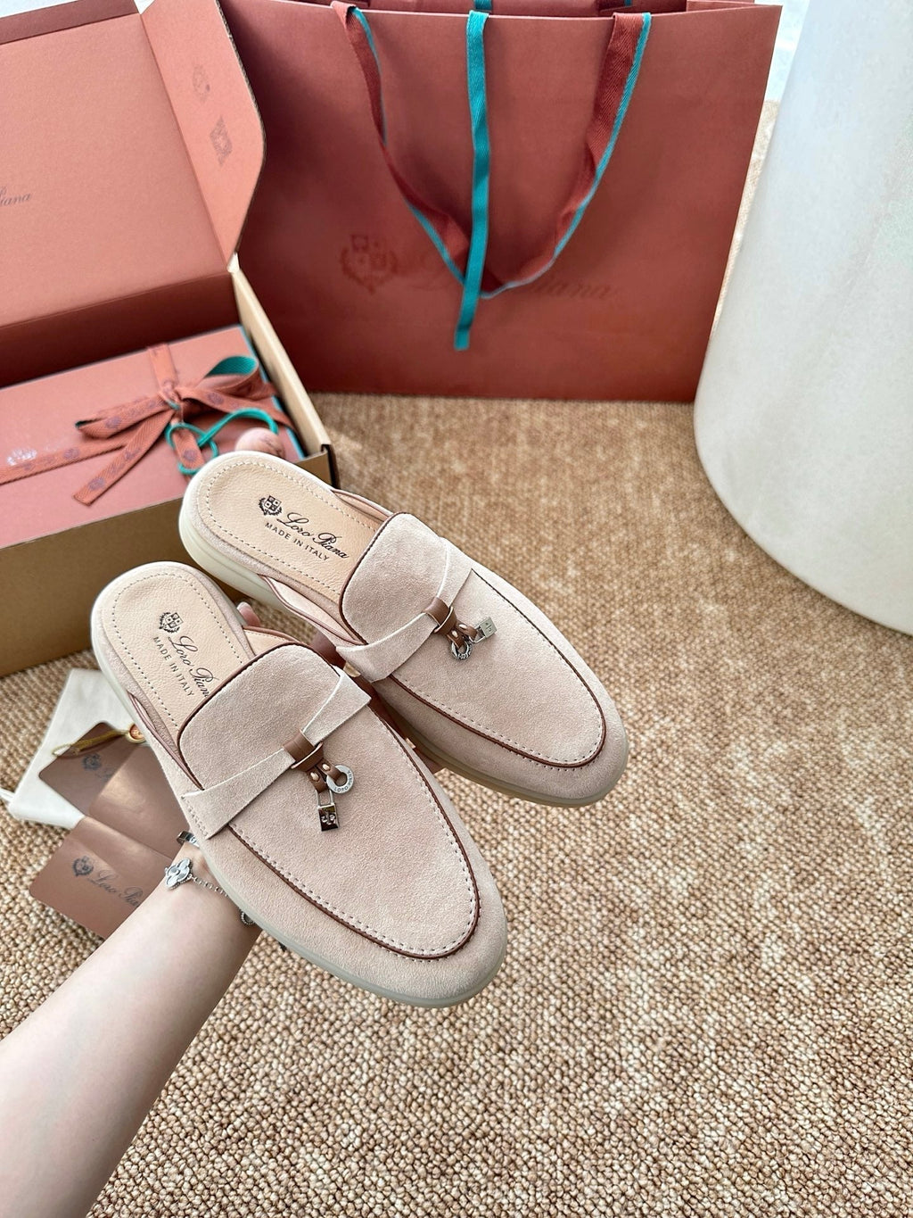 Loro Piana Charms Walk Flat Mules Pale PInk Suede 623548