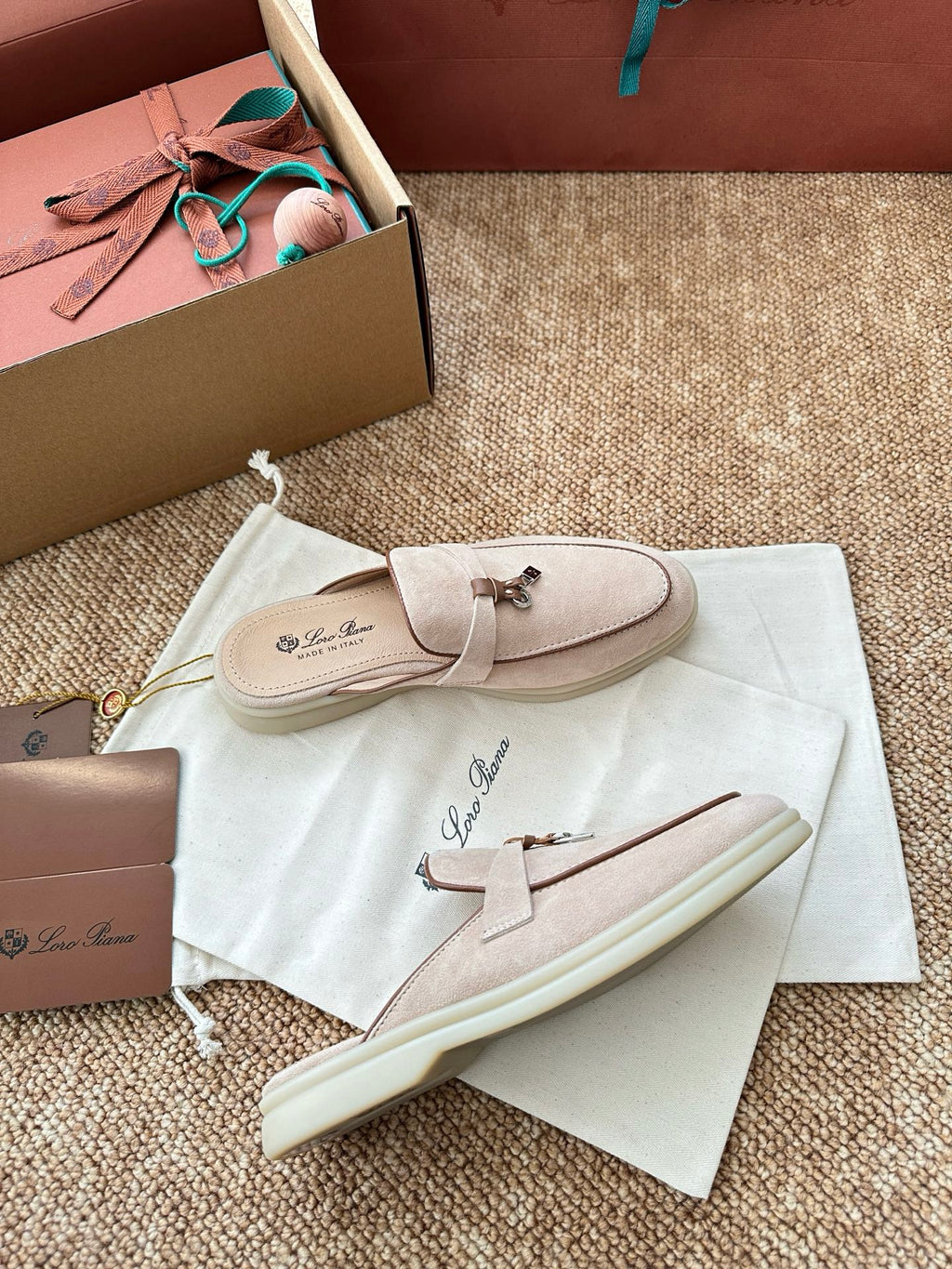 Loro Piana Charms Walk Flat Mules Pale PInk Suede 623548