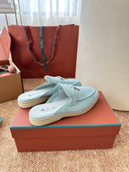 Loro Piana Charms Walk Flat Mules Pale Blue Suede 623551