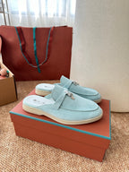Loro Piana Charms Walk Flat Mules Pale Blue Suede 623551