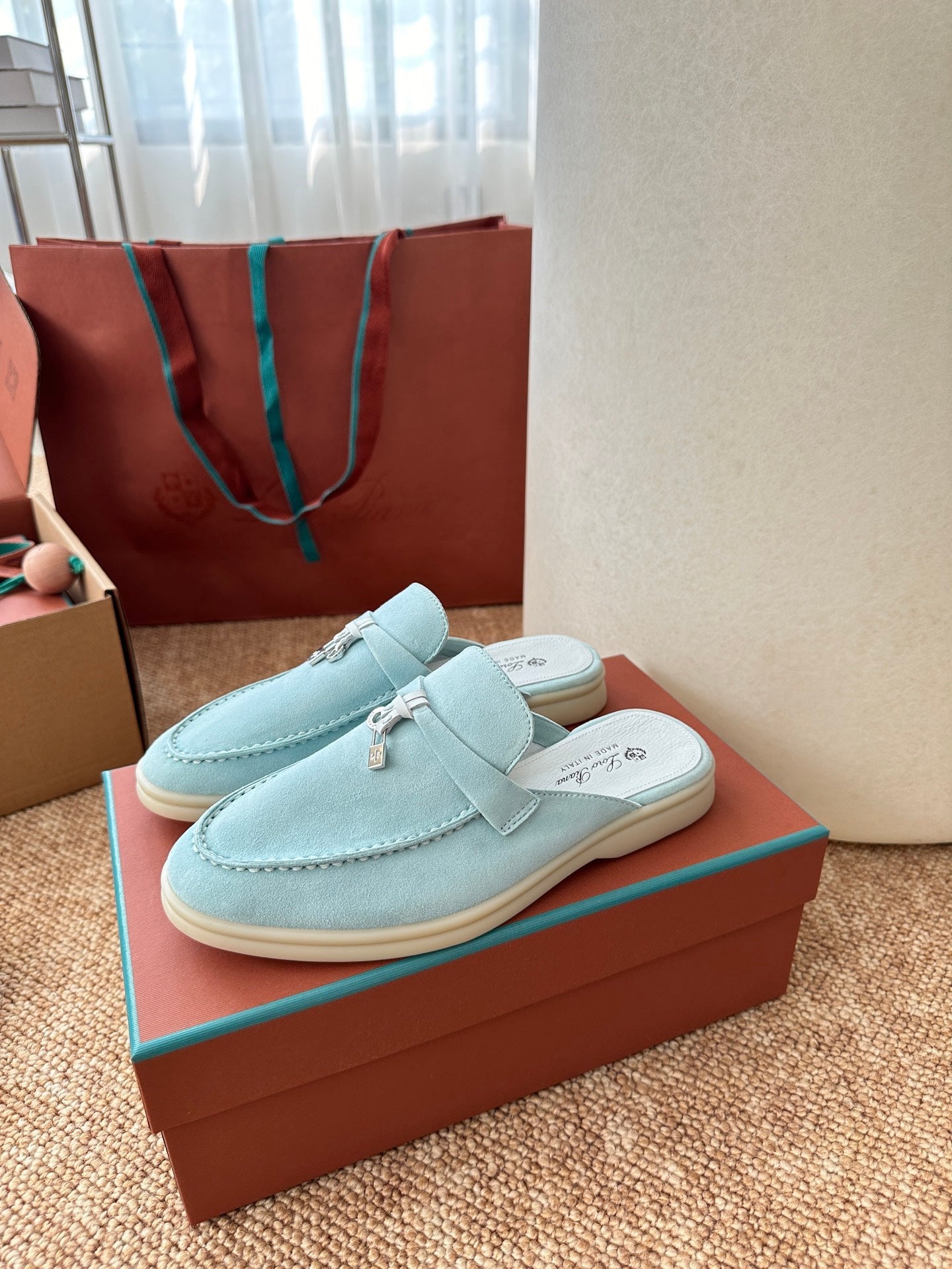 Loro Piana Charms Walk Flat Mules Pale Blue Suede 623551