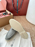 Loro Piana Charms Walk Flat Mules Gray-Green Suede 623552