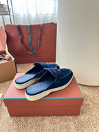 Loro Piana Charms Walk Flat Mules Dark blue Suede 623553