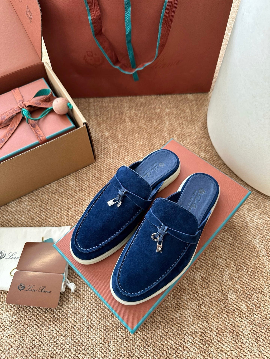 Loro Piana Charms Walk Flat Mules Dark blue Suede 623553