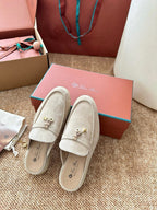 Loro Piana Charms Walk Flat Mules Apricot Suede 623556