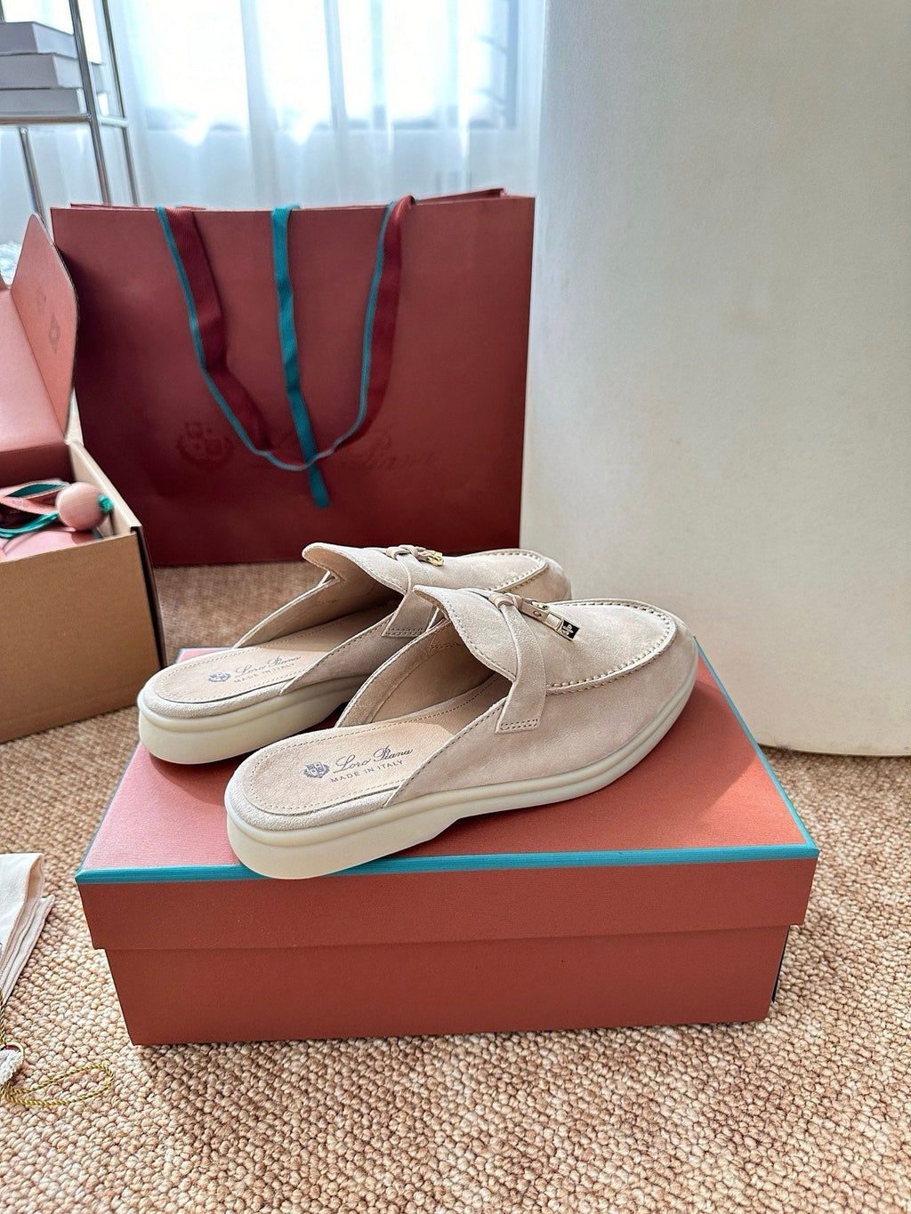 Loro Piana Charms Walk Flat Mules Apricot Suede 623556