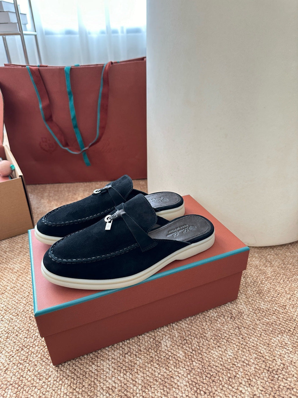 Loro Piana Charms Walk Flat Mules Black Suede 623558