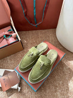Loro Piana Charms Walk Flat Mules Olive Green Suede 623441
