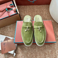Loro Piana Charms Walk Flat Mules Olive Green Suede 623441