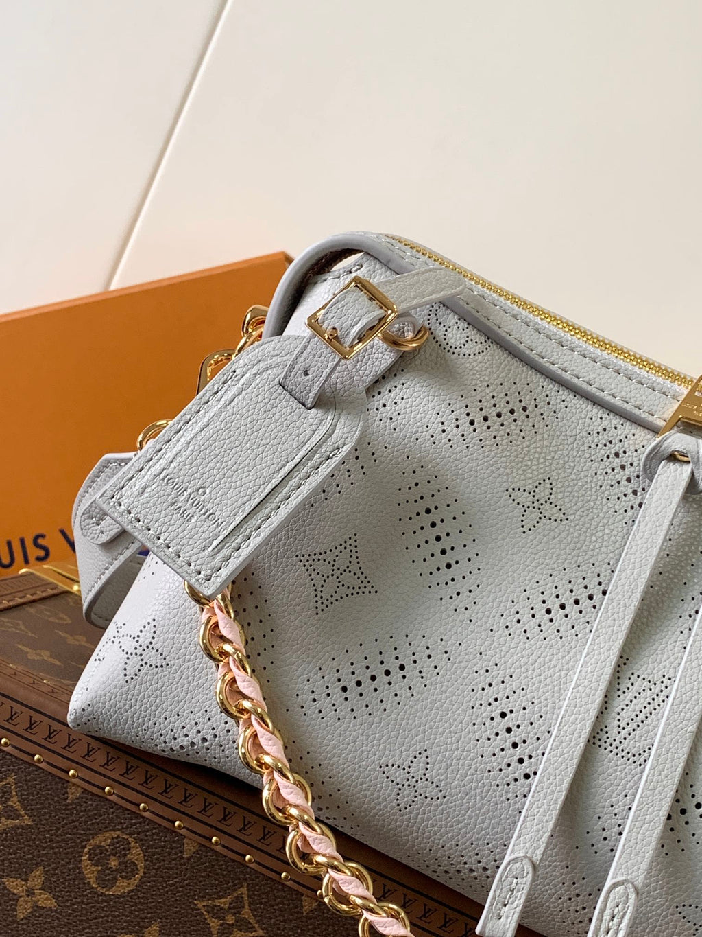 LV M13157 Hand It All PM Light Grey Perforated Mahina Calfskin