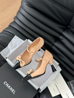 CC POINTED TOE HIGH HEELS IN SEPIA BEIGE MIX BLACK LAMBSKIN GOLD HARDWARE
