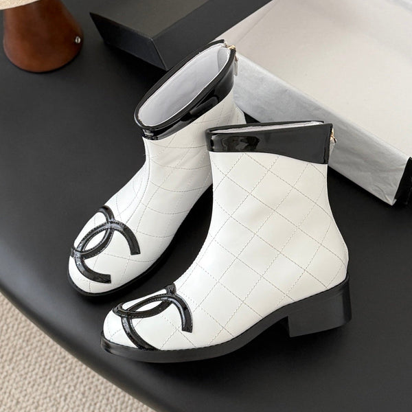 CC 2025   Cambon Mid-Calf Short Boots White Black Cowhide 550633