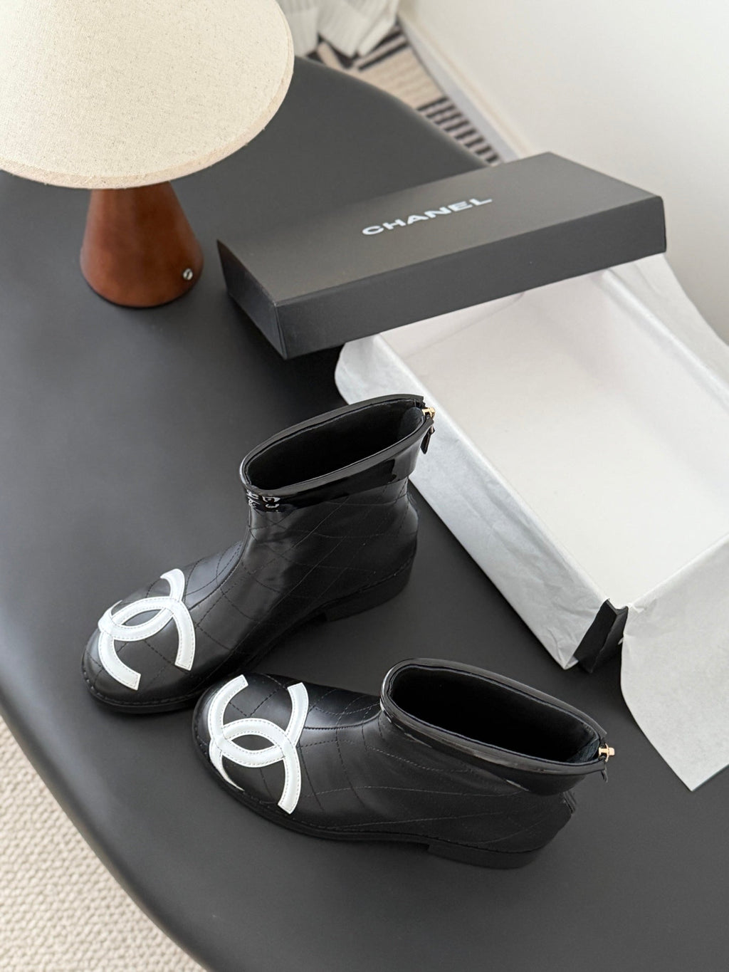 CC 2025   Cambon Mid-Calf Short Boots Black White Cowhide 550634
