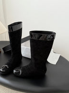 CC 2025 Vintage Cambon Mid-Calf Boots Black Suede Patent Leather 550641