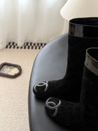 CC 2025 Vintage Cambon Mid-Calf Boots Black Suede Patent Leather 550641