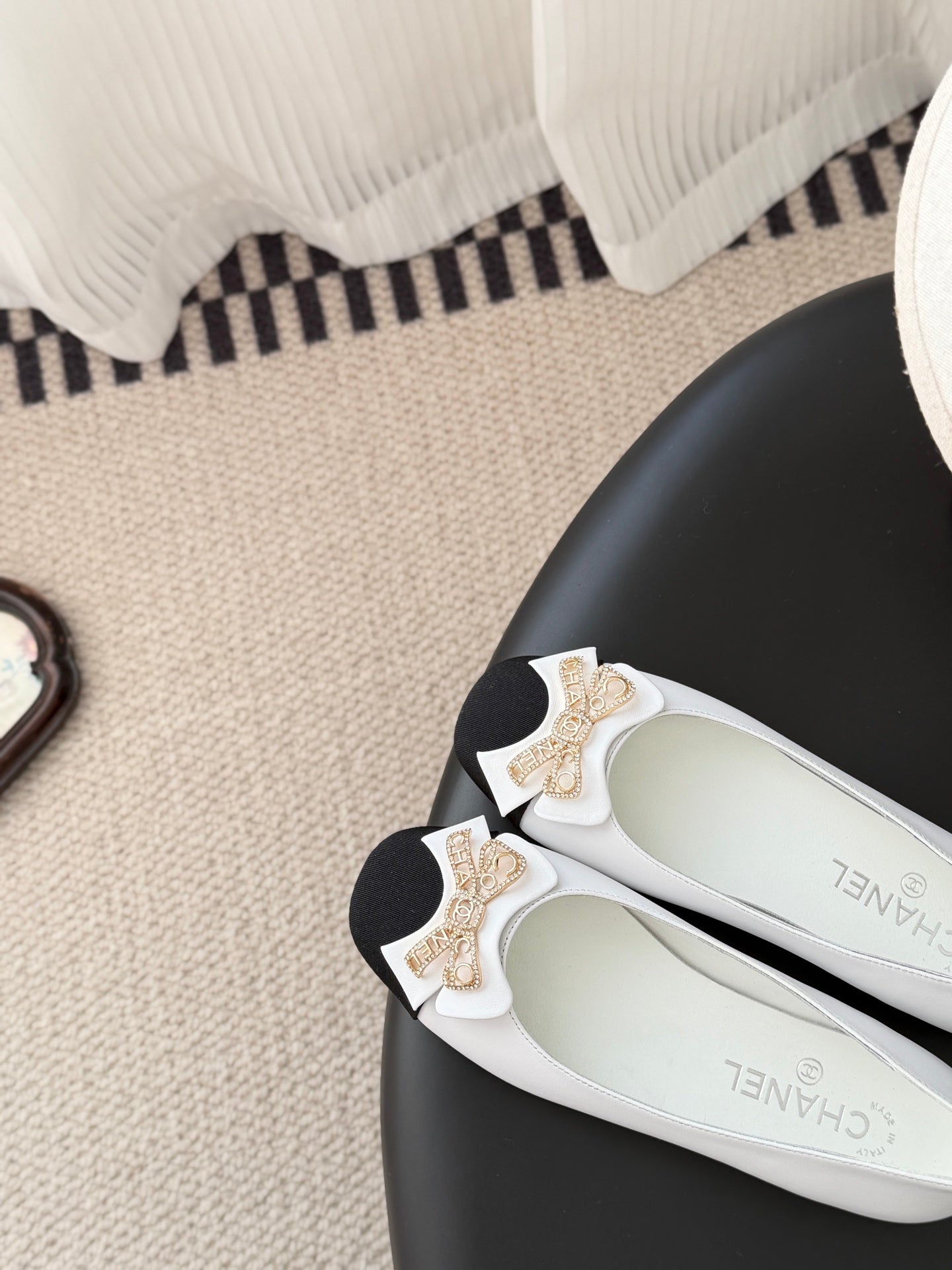 CC 26K Bow Ballet Flat White Black Lambskin Canvas 670829