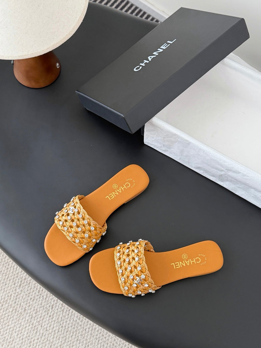 CC 26SS Slipper Tan Brown Woven Lambskin 670627