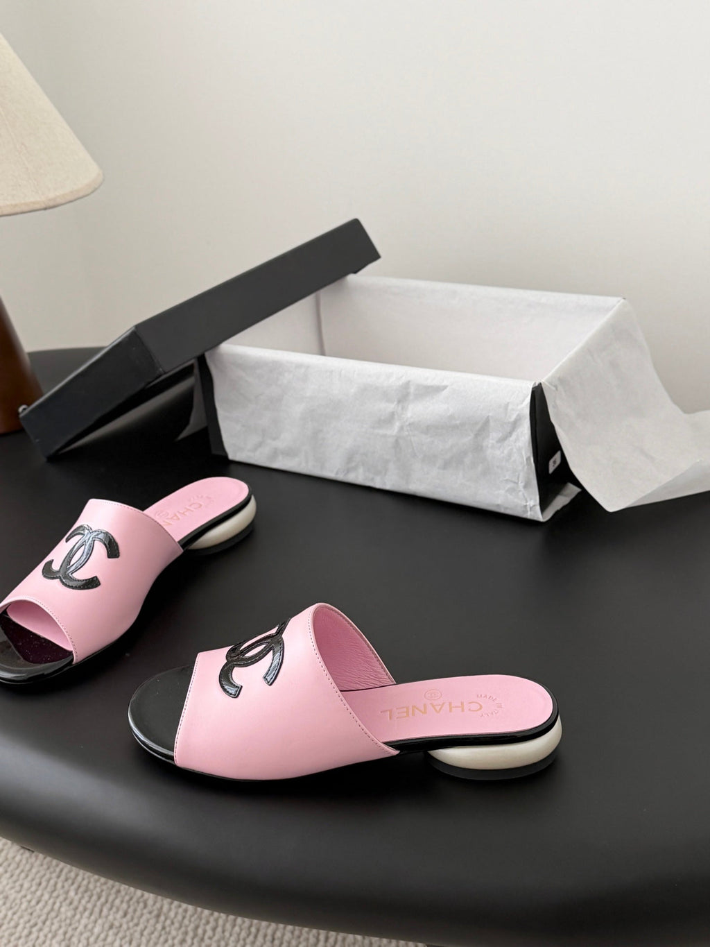 CC 26SS Mary Jane Slippers Black Pink Lambskin Patent Leather 670615