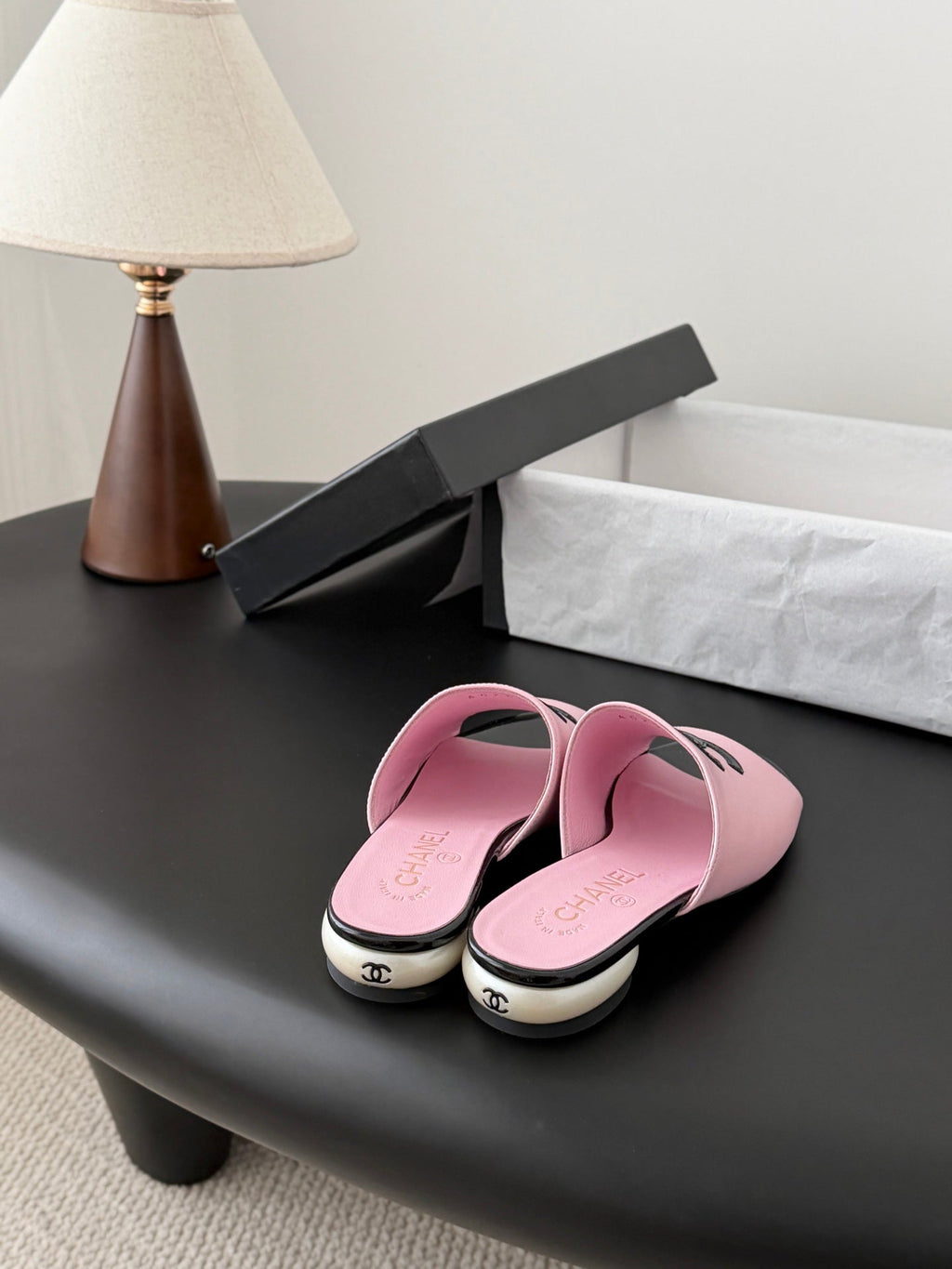 CC 26SS Mary Jane Slippers Black Pink Lambskin Patent Leather 670615