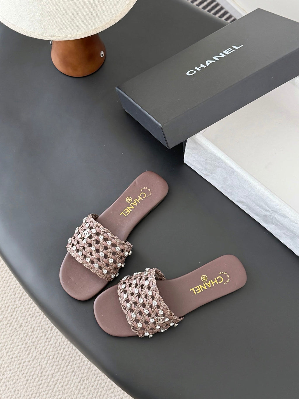 CC 26SS Slipper Chocolate Woven Lambskin 670624