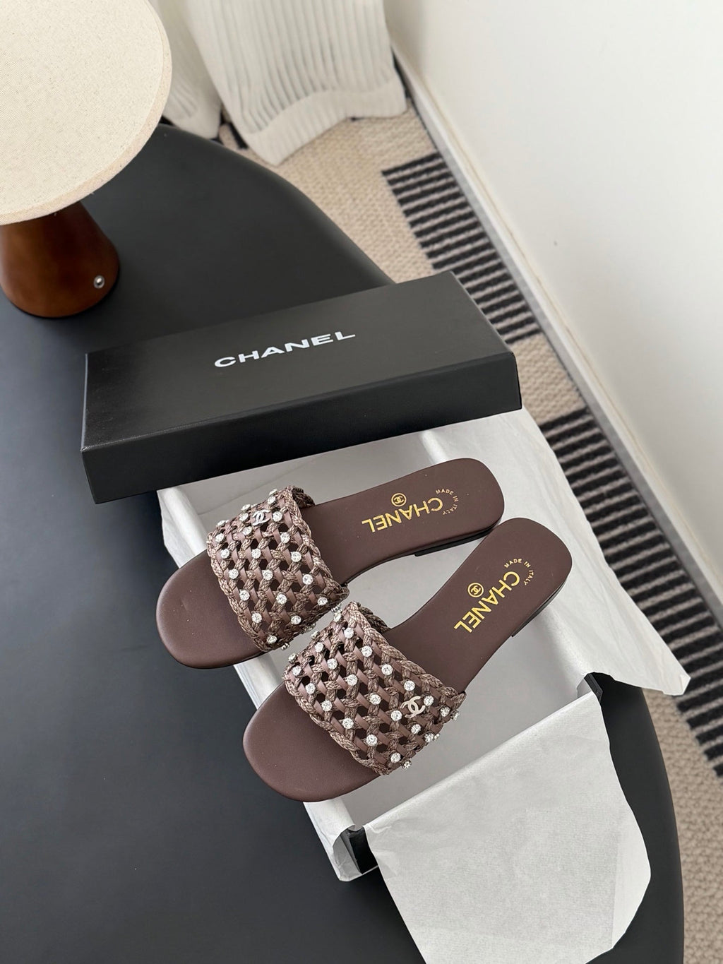 CC 26SS Slipper Chocolate Woven Lambskin 670624