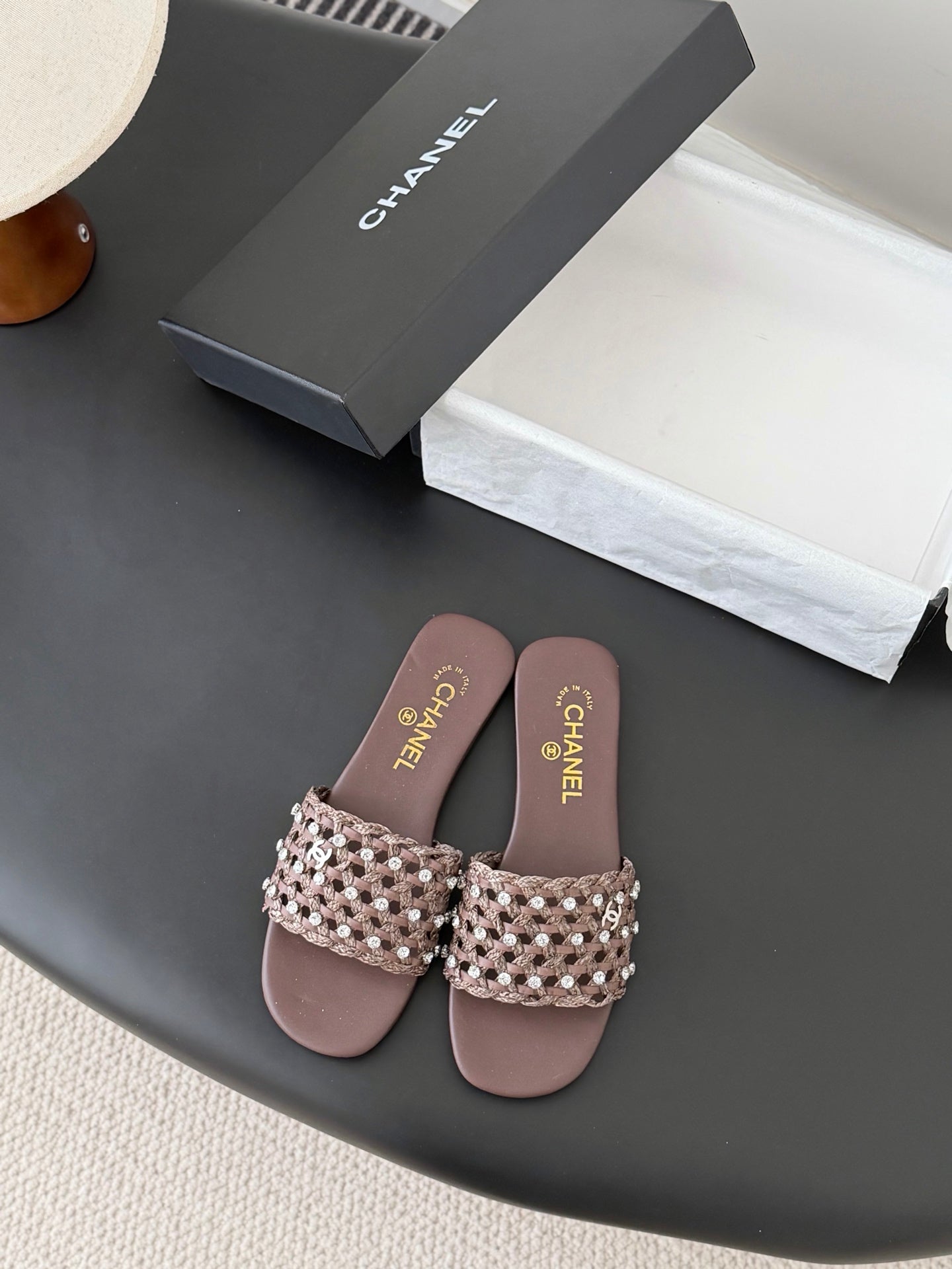 CC 26SS Slipper Chocolate Woven Lambskin 670624