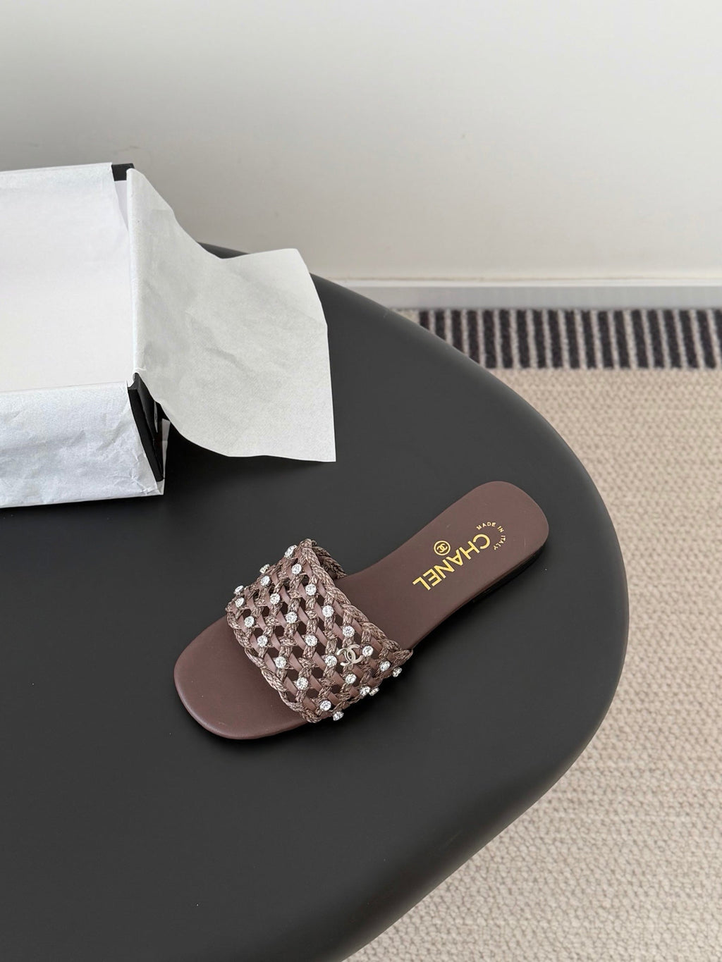 CC 26SS Slipper Chocolate Woven Lambskin 670624
