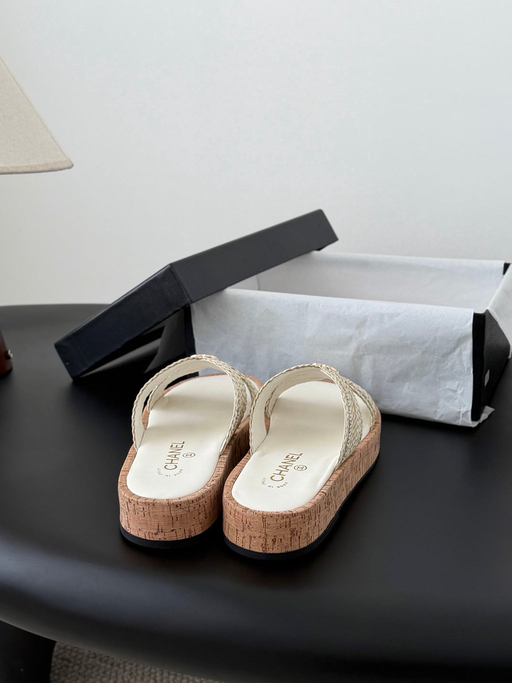 CC 26s Sandals White Raffia Sheepskin 670373