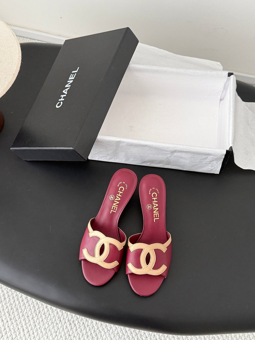CC 2026 Heeled Sandal Beige Burgundy Lambskin 675858