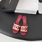 CC 2026 Flat Sandal Beige Burgundy Lambskin 675864