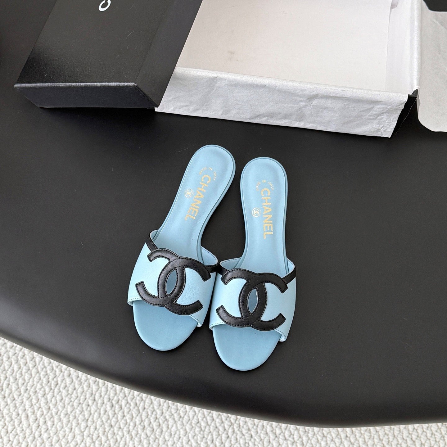 CC 2026 Flat Sandal Black Blue Lambskin 675866