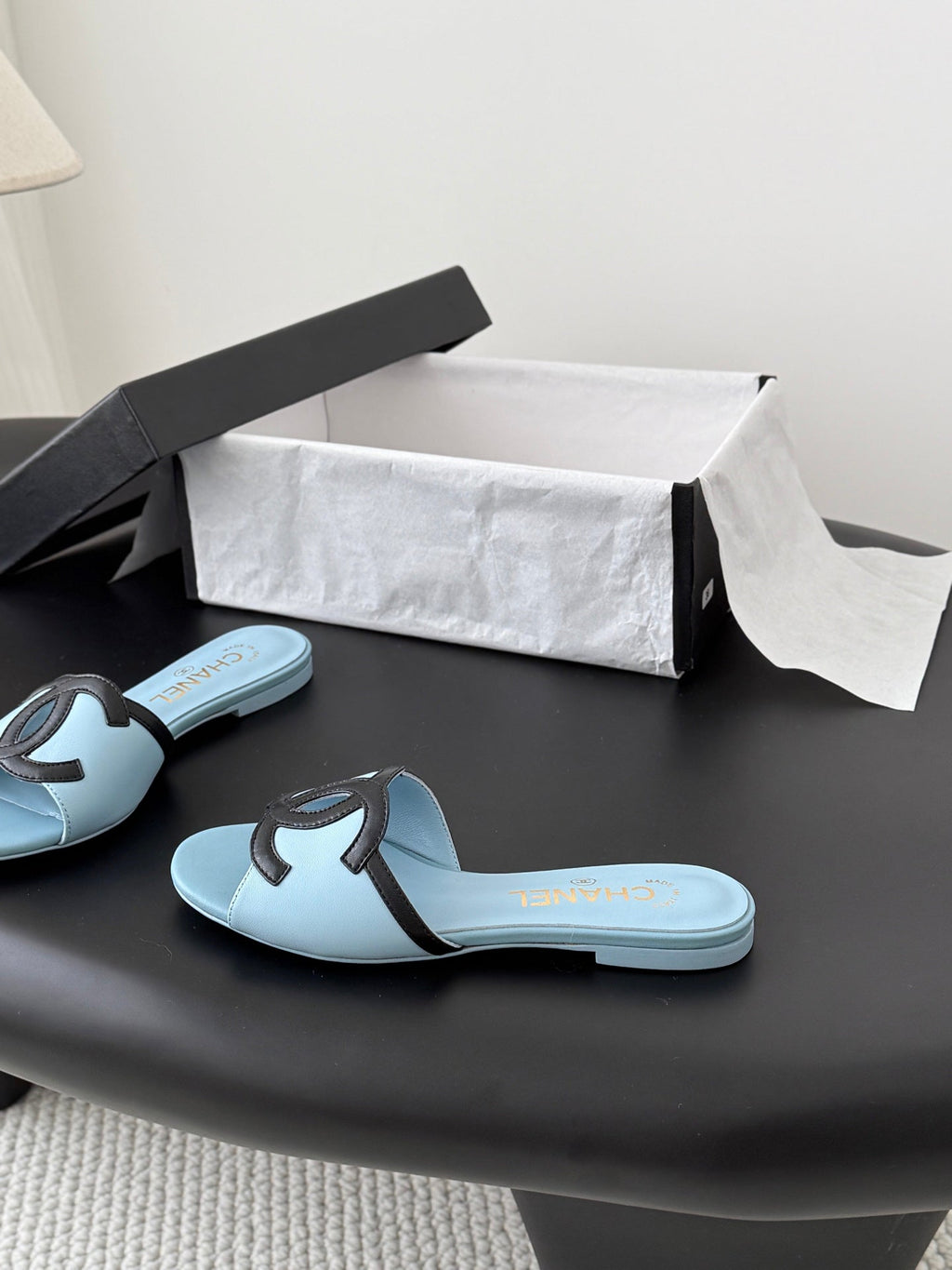 CC 2026 Flat Sandal Black Blue Lambskin 675866
